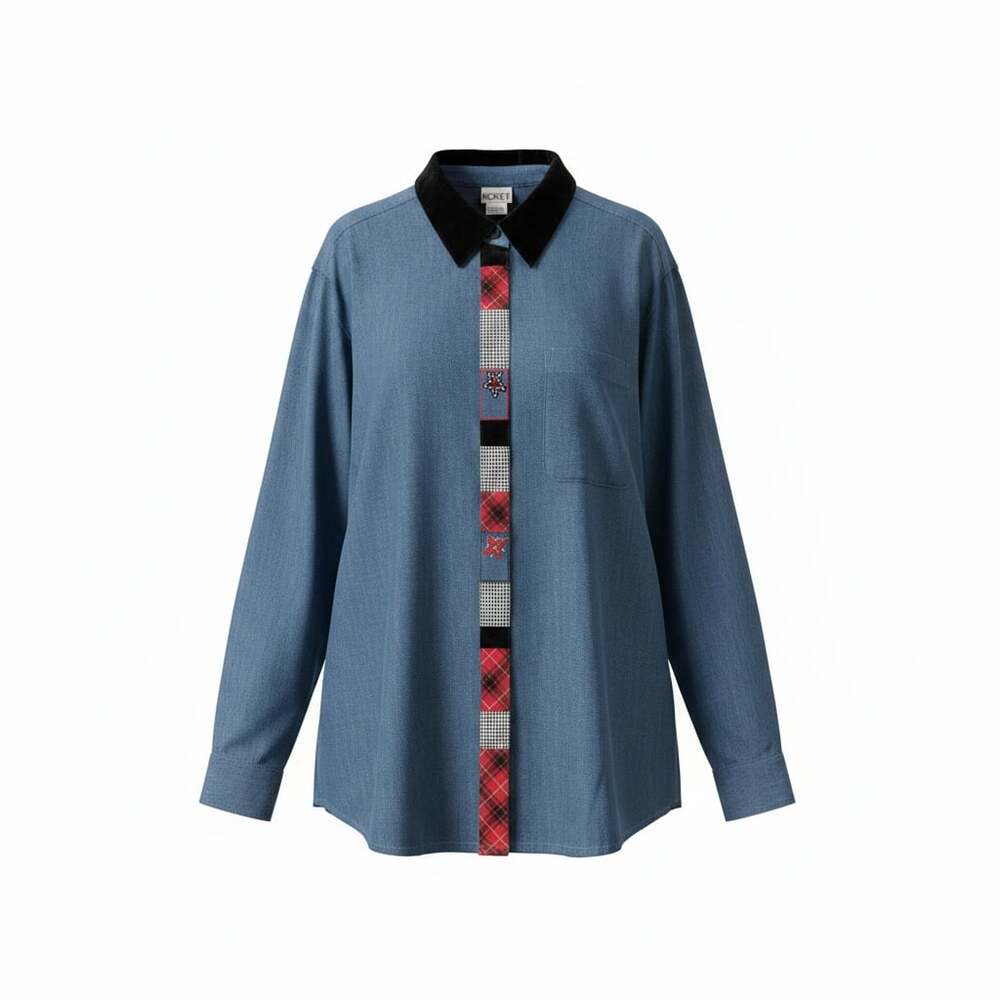 Koret Patchwork Placket Denim Shirt with Velvet Collar Size XL Teacher